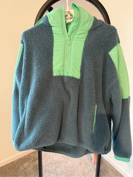 Free People Sherpa Pullover Hoodie in Teal with Mint Accents
