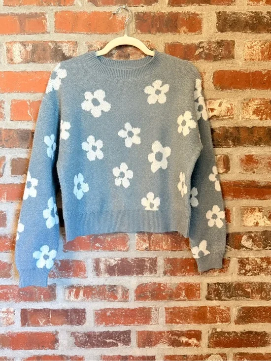 S49 - Hooked Up by IOT Blue Crewneck Sweater with White Floral Motif