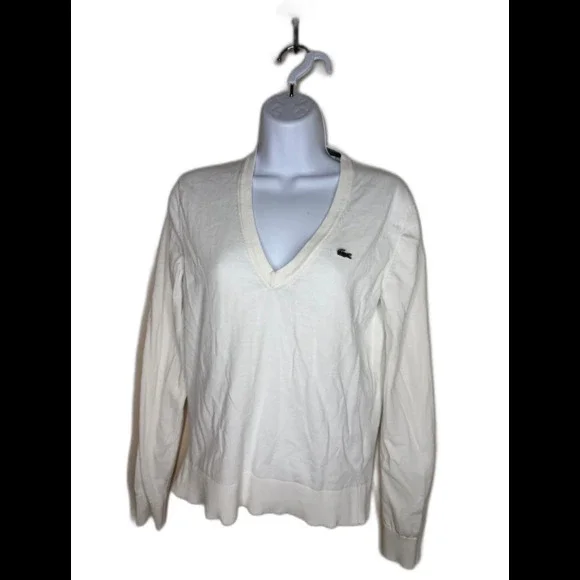 Lacoste winensLong Sleeve V-Neck Sweater White Crocodile Logo Pullover sz 34 S