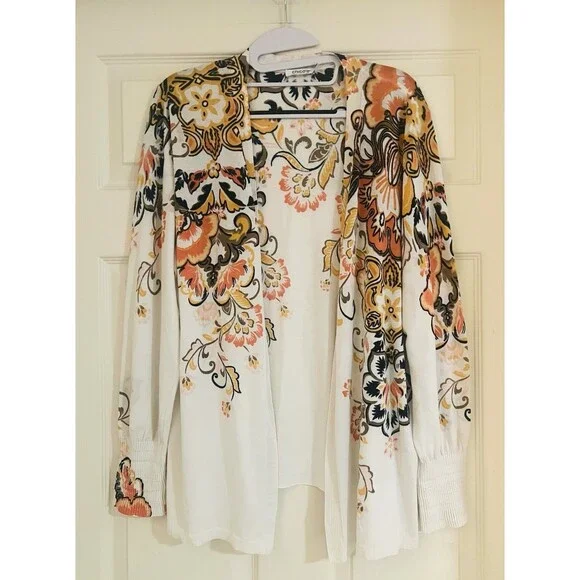 Chicos Open Front Cardigan L White Orange Floral Lightweight Sweater Cotton EUC