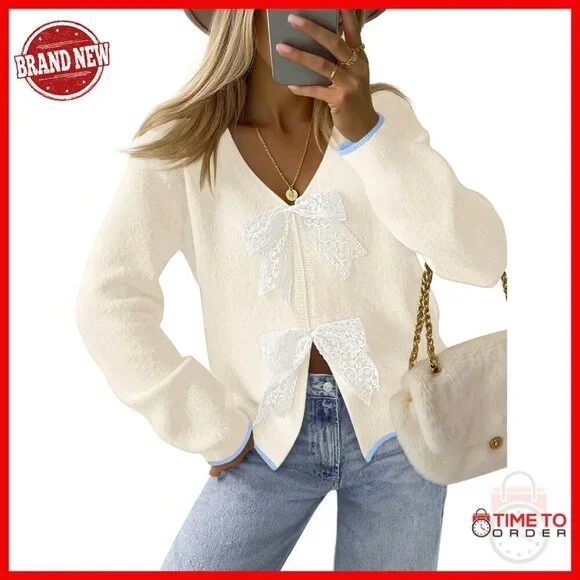 Women's Tie Front Bow Cardigan Chunky Knit V-Neck Long Sleeve Sweater