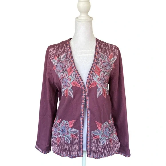 Soft Surroundings Floral‎ Embroidered Jacket Cardigan XS Bohemian Western Scandi