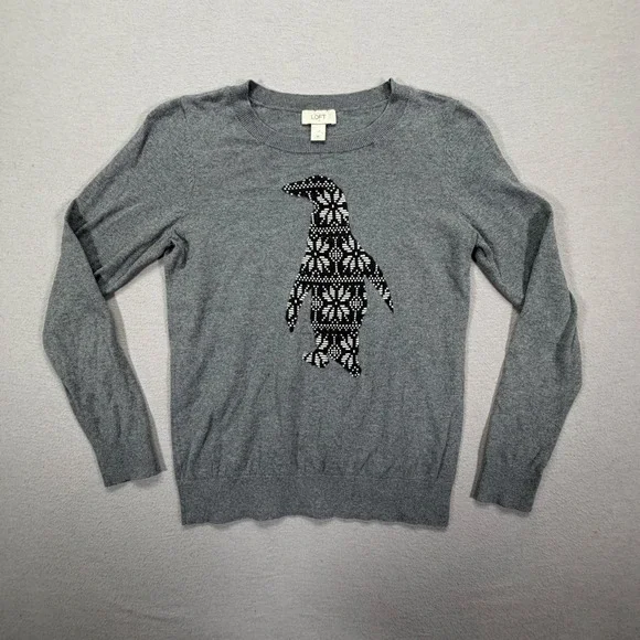 Loft Womens Sweater Classic Fit Grey Penguin Snowflake Intarsia Size M