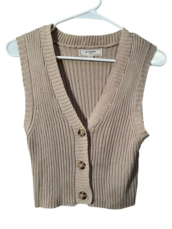No Comment Women's Sz Large Sleeveless Sweater Vest V-Neck Beige Ribbed RS623868