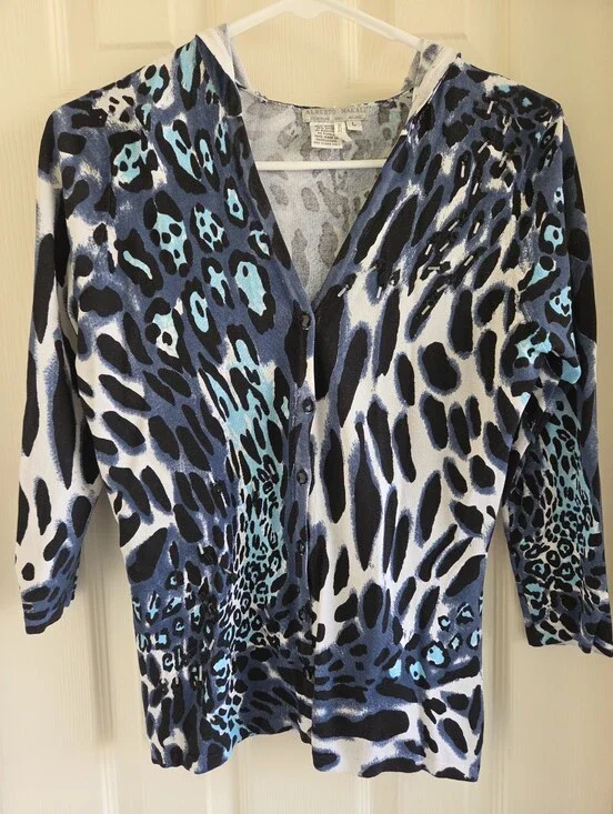 Alberto Makali Blue Leopard Print Cardigan Sweater V-Neck Beaded Knit L Large