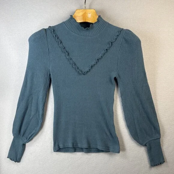 Free People Love Struck Ribbed Top XS Lettuce Trim Ruffle Victorian Teal Upscale