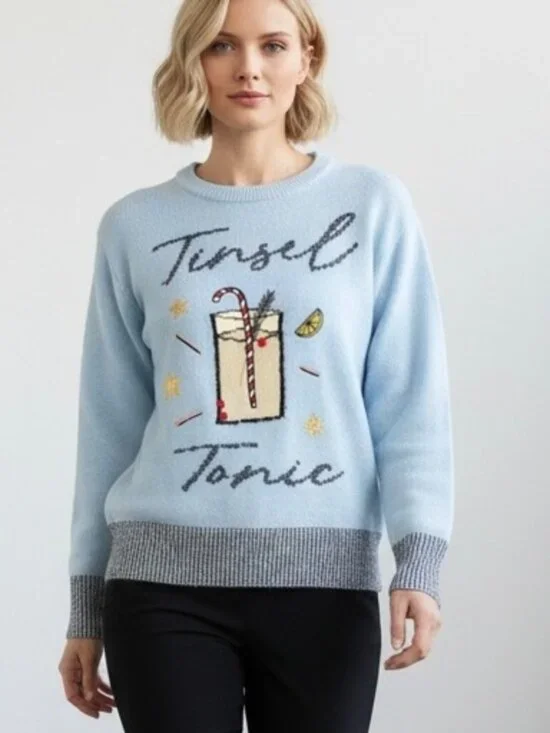 NEW Vigoss Tinsel Tonic women’s Large Sweater Christmas Holiday Lt Blue NWT