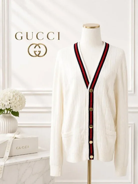 Gucci Web Stripe V-Neck Cardigan Ivory Red Navy Gold Button Luxury Sweater