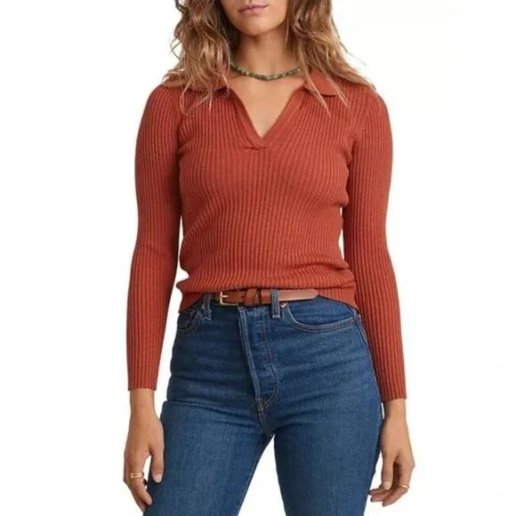 Marine Layer Lexi Polo Sweater Ribbed Knit Rust Brown Orange Long Sleeve Size XS