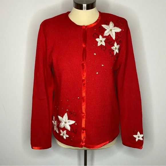 Mercer Street Studio Red Poinsettias Cardigan Sweater