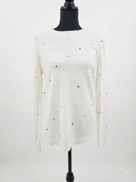 LOFT Cream Crewneck Sweater with Multicolor Dot Embellishments