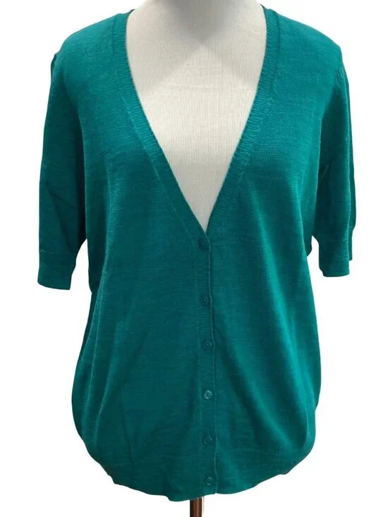 Caslon Button Up Knit Cardigan PXL Teal Short Sleeves Coastal Grandma Twee Retro
