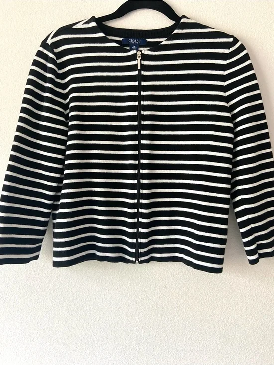 CHAPS Black White Striped Zip Front Cardigan Sweater Medium 100% Cotton