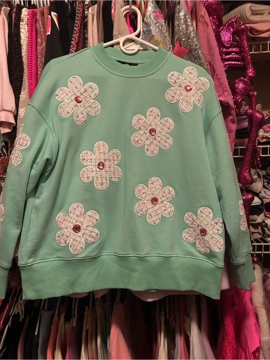 Mint Green Floral Appliqué Crewneck Sweatshirt