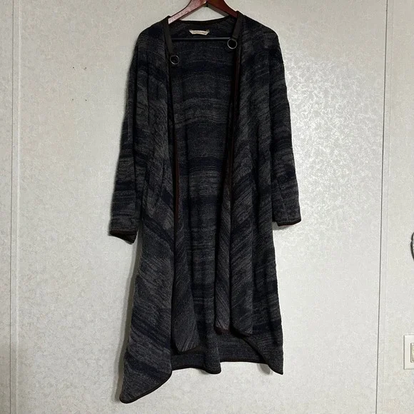 Soft Surroundings Open Front Cardigan Sweater Duster Blue Gray Wool Blend Knit M