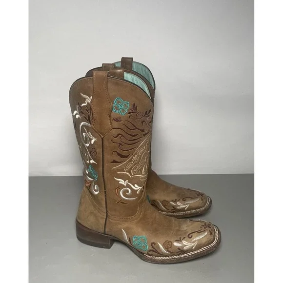 Corral Teens Western Boots Embroidered Leather Design Square Toe Size 4