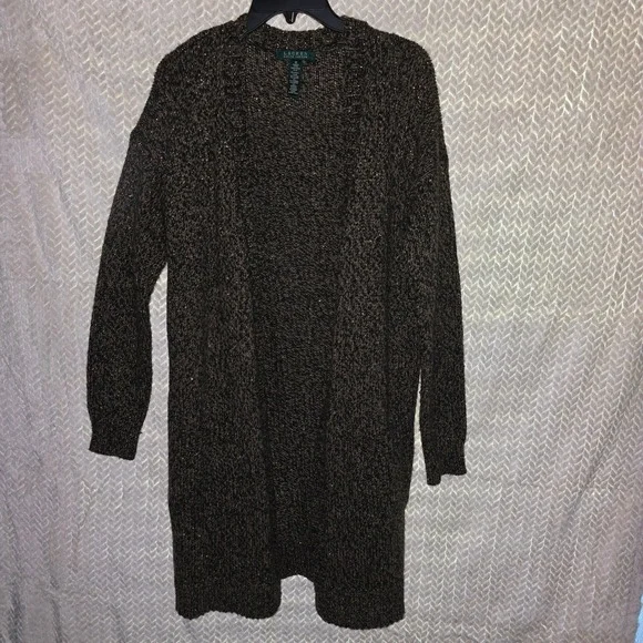 Lauren Ralph Lauren Medium Duster‎ Cardigan Sweater Knit Brown Gold Metallic