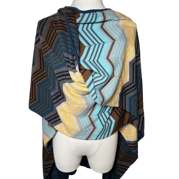Perse Merino Wool Chevron Zigzag Knit Draped Poncho Wrap‎ S
