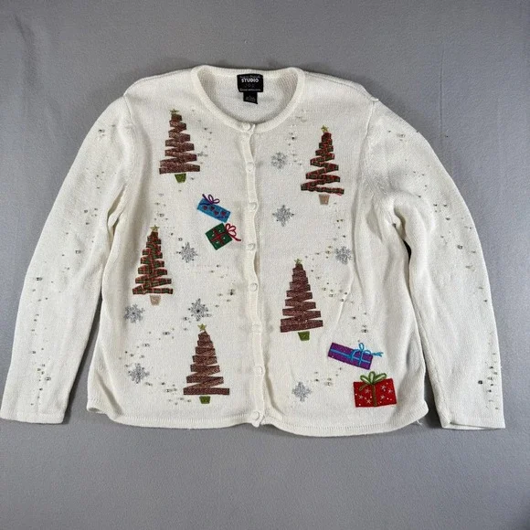 Studio Joy Christmas Tree & Gifts Ugly Sweater Cardigan Women's‎ L Cream