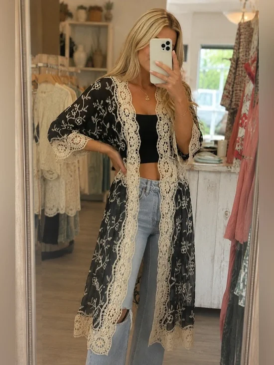 Leo & Nicole Embroidered Lace Kimono Cardigan Black/Cream Size L-XL NWOT