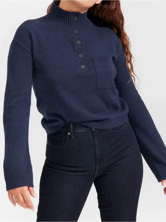 Everlane The ReCashmere Wool Button Mockneck in Navy