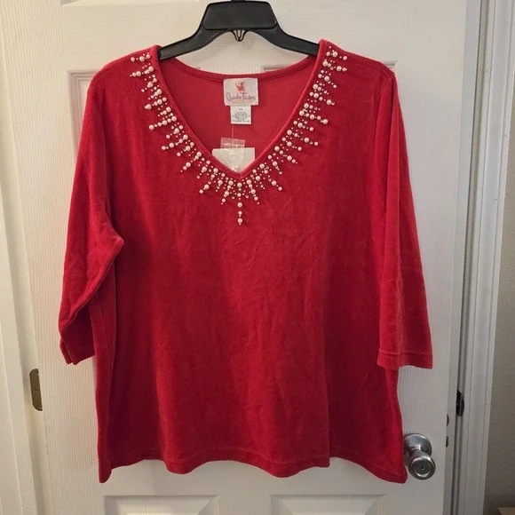 Quacker Factory sz 2X red velour/fleece pearl embellished top‎ NWT holiday