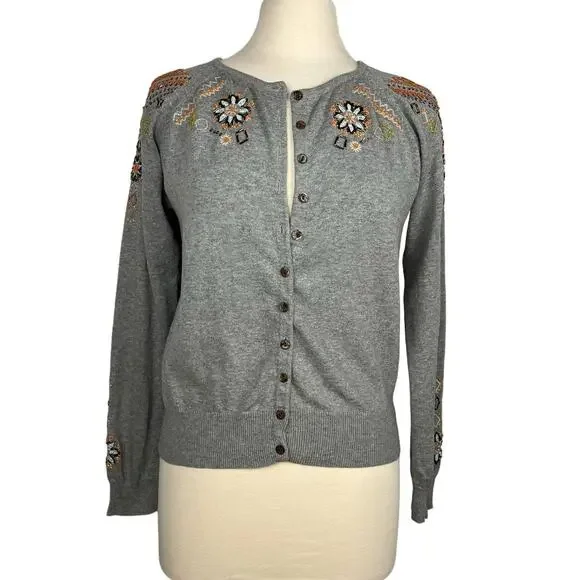 SUNDANCE‎ | Gray Beaded Embroidered Button Up Boho Cotton Cardigan | Women's M