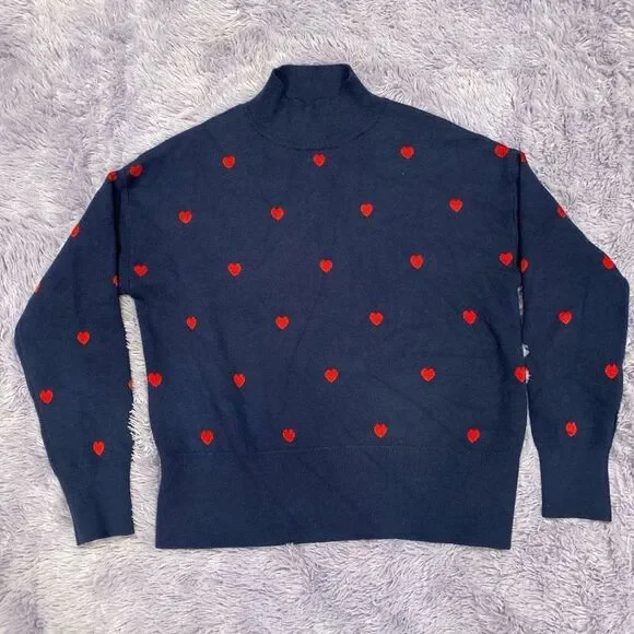 Truth by Republic Navy Blue Mock Neck Sweater with Red Heart Pattern Knit‎