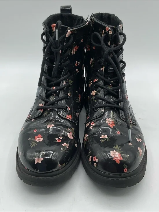 H&M Floral Patent Combat Boots Size 4 Black Lace Up Side Zip