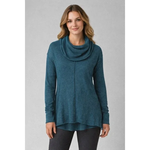 Prana Minoo Cowl Neck Sweater Women M Teal Hemp Cotton Knit W2MINO315‎ Boho