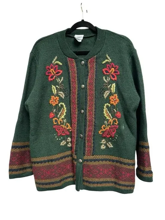 Vintage Laura‎ Ashley 100% Wool Embroidered Floral Cardigan Sweater L