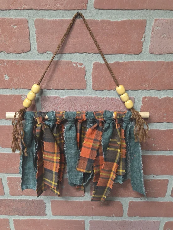 Handmade Plaid & Teal Fabric Fringe Wall Hanging