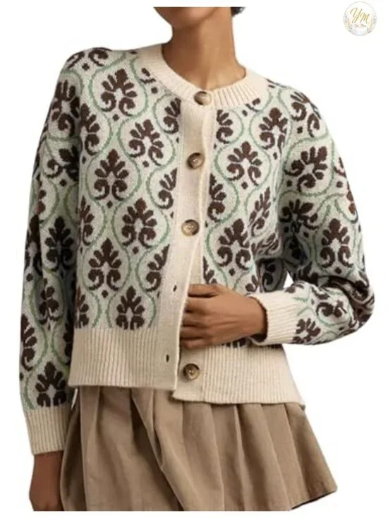 Women Floral Cardigan Sweater Open Front Long Sleeve Button Down Knit Vintage