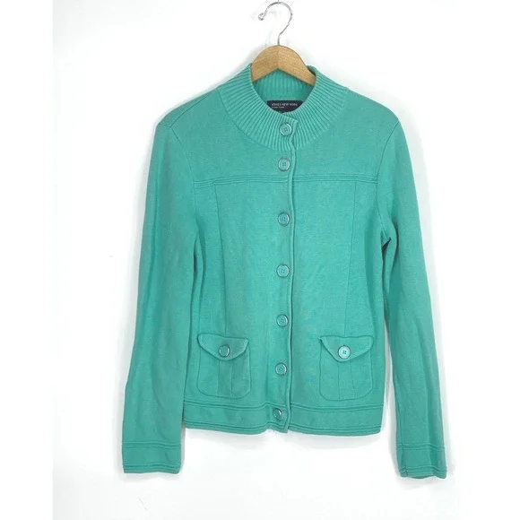 Jones New York Womens Cardigan Large Sweater Teal Green Mock Neck Preppy