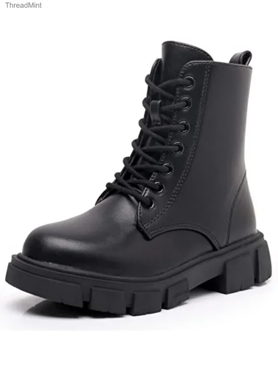 Girls Combat Boots Lace-Up Side Zipper Ankle Booties Water Resistant