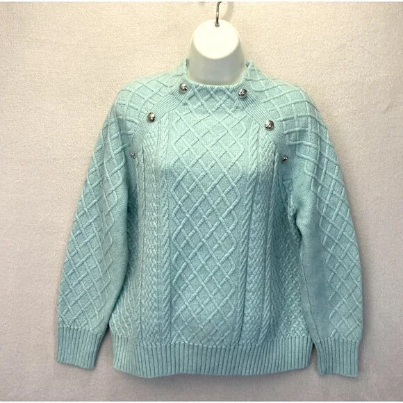 Talbots Cable Knit Sweater Womens Petite Large PL‎ Aqua Blue Buttons Old Money