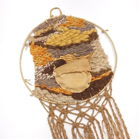 Vintage‎ Woven Dream Catcher Art Bohemian BOHO Wall Hanging Leather Wool