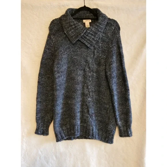 Orvis Women's Wool Blend Blue Sweater Size Large‎ Thick Collar Long Sleeve