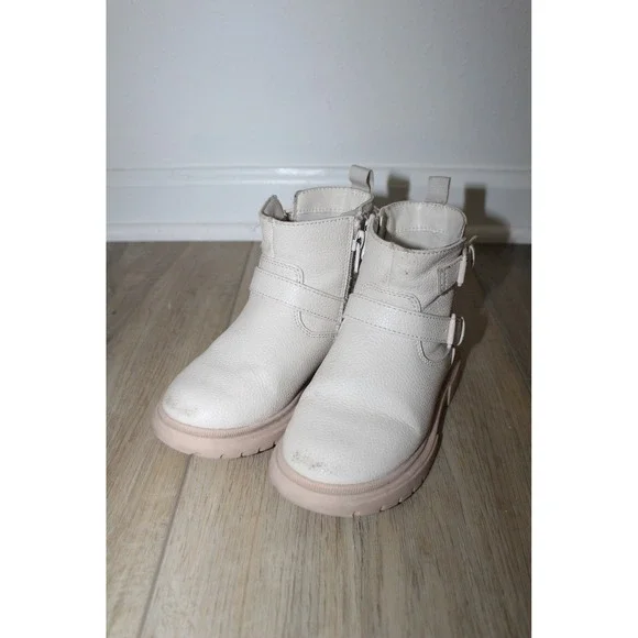 Cat & Jack Girls Cream Faux Leather Moto Ankle Boots Size 10 Zip Up Buckle