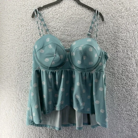 Swim By Cacique Tankini Top Size 44D Light‎ Blue Shell Print Adjustable Straps