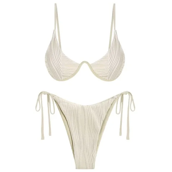 NWT‎ ZAFUL Ribbed Underwire Bikini Set Cream Side Tie Thong Medium