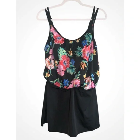 Inches Away Black With Multicolor Tropical Floral Print Swim Dress Size 12