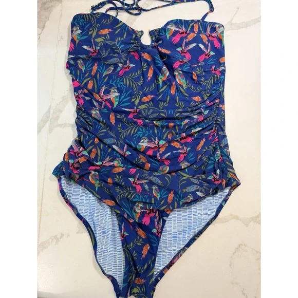 Anthropologie Mermaid Ruched Halter Swim Suit Sz XL Fish Parrot Tropical Resort