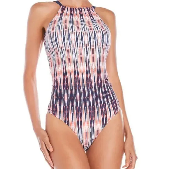 Jones New York One Piece Bathing Suit Size 10 Navy Blue White Coral‎ Swimsuit