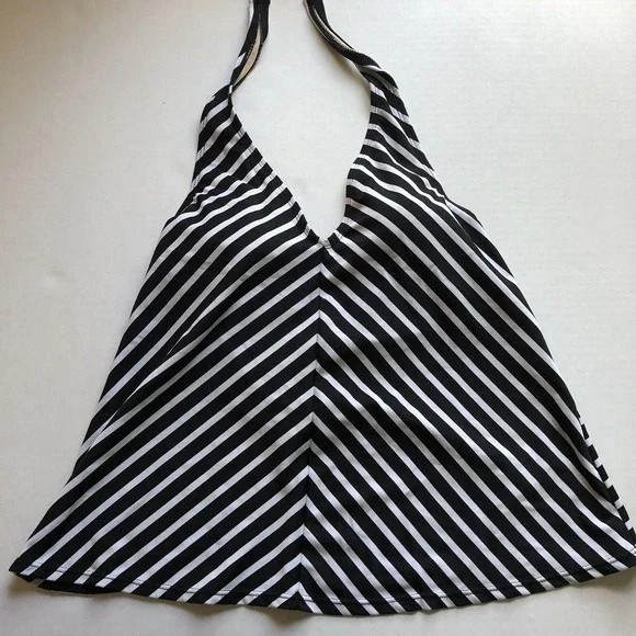 Motherhood Maternity Black White Stripe Halter Tie Swim Tankini Top Sz M A1556