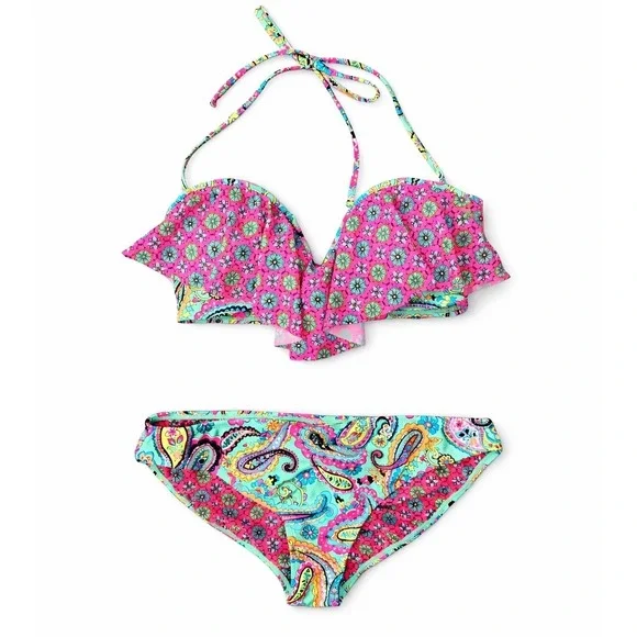 InMocean Womens XL Bikini Set Pink‎ Teal Paisley Floral Ruffle Halter Swimsuit