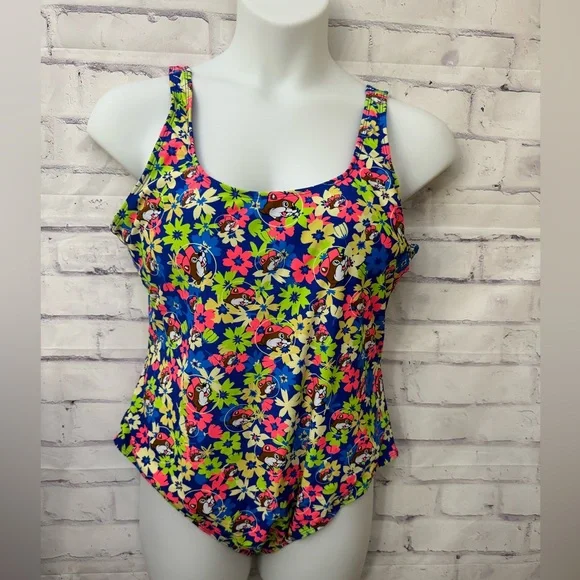 Buc-ee’s Size 2X‎ Blue Neon Floral Beaver Logo One Piece Swimsuit