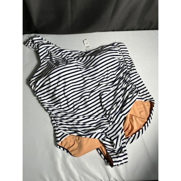 J.Crew Re-Imagined‎ One-Shoulder Ruched One-Piece Swimsuit Navy White Stripe 24