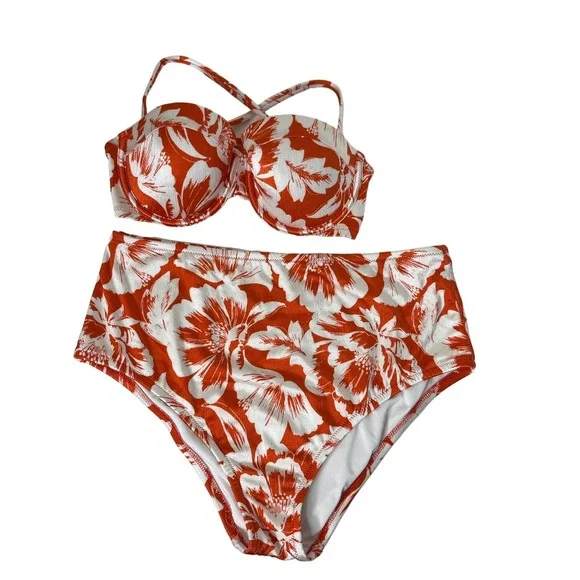 Shade & Shore Bikini Set Hawaiian Floral Orange Padded 34C‎ Large Bottoms