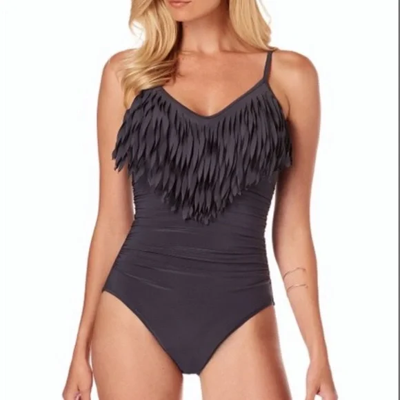 Magicsuit Blaire One-Piece‎ Swimsuit Sz 12 Gray Fringe Ruched Slimming Underwire